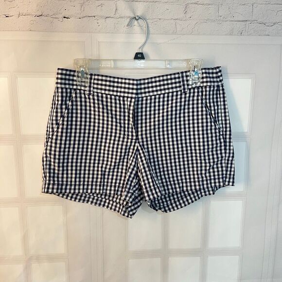 J. Crew Blue White Check Gingham Stretch Flat Front Mid-Rise Chino Shorts Size 6 - Picture 1 of 6